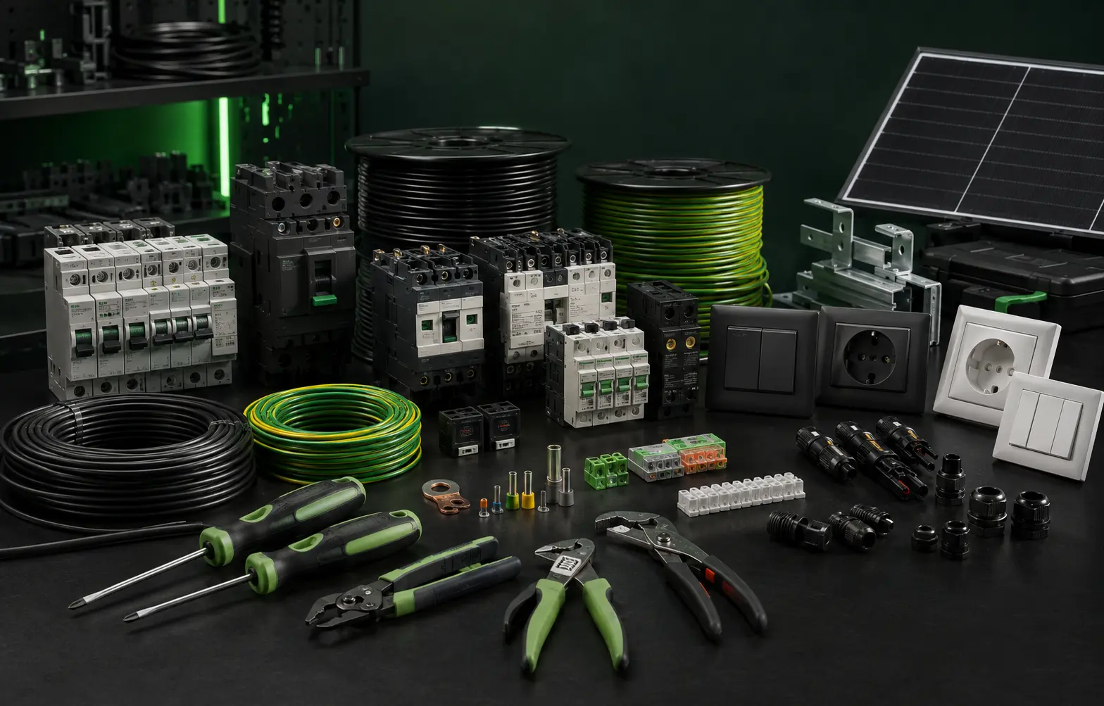 AI-generated arrangement of professional electrical components and installation materials