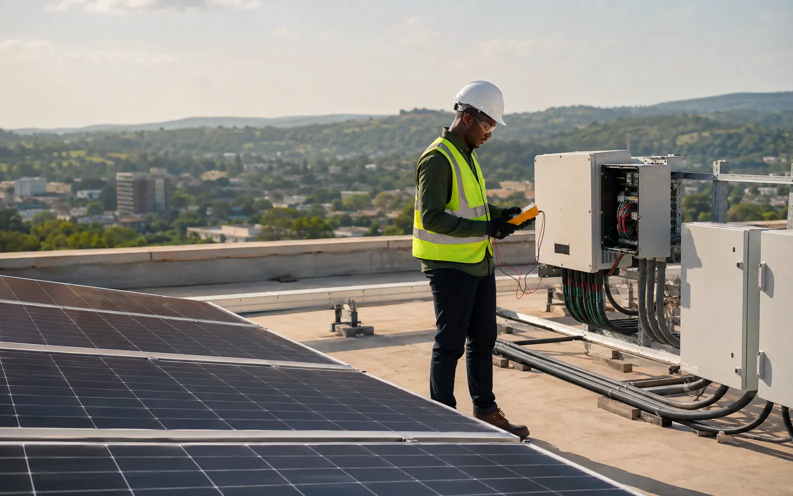 AI-generated scene of an engineer inspecting a solar and electrical installation